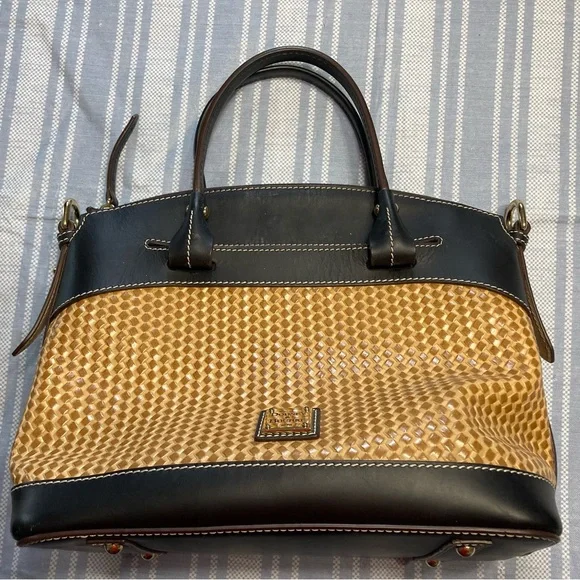 Dooney & Bourke textured tan and brown leather satchel. - Picture 1 of 11